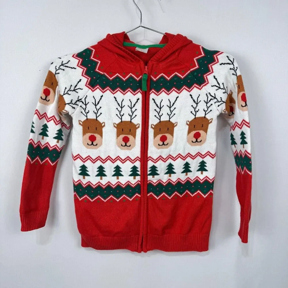 Gymboree Full Zip Knitted Hooded Sweater Holiday/Christmas Rudolph Youth 6